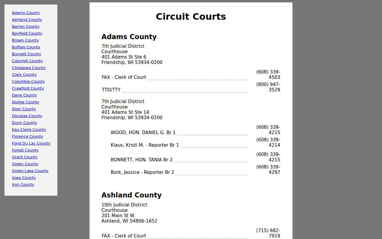 Wisconsin directory for Adams County criminal court branches