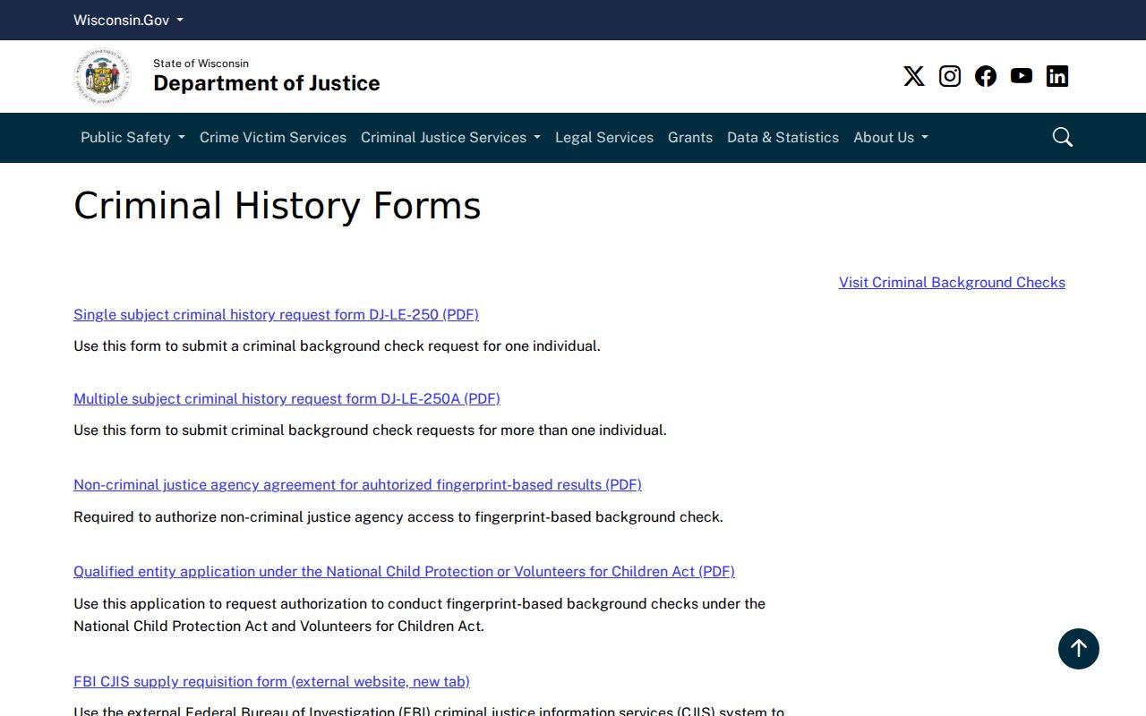 Wisconsin criminal history forms and expungement materials