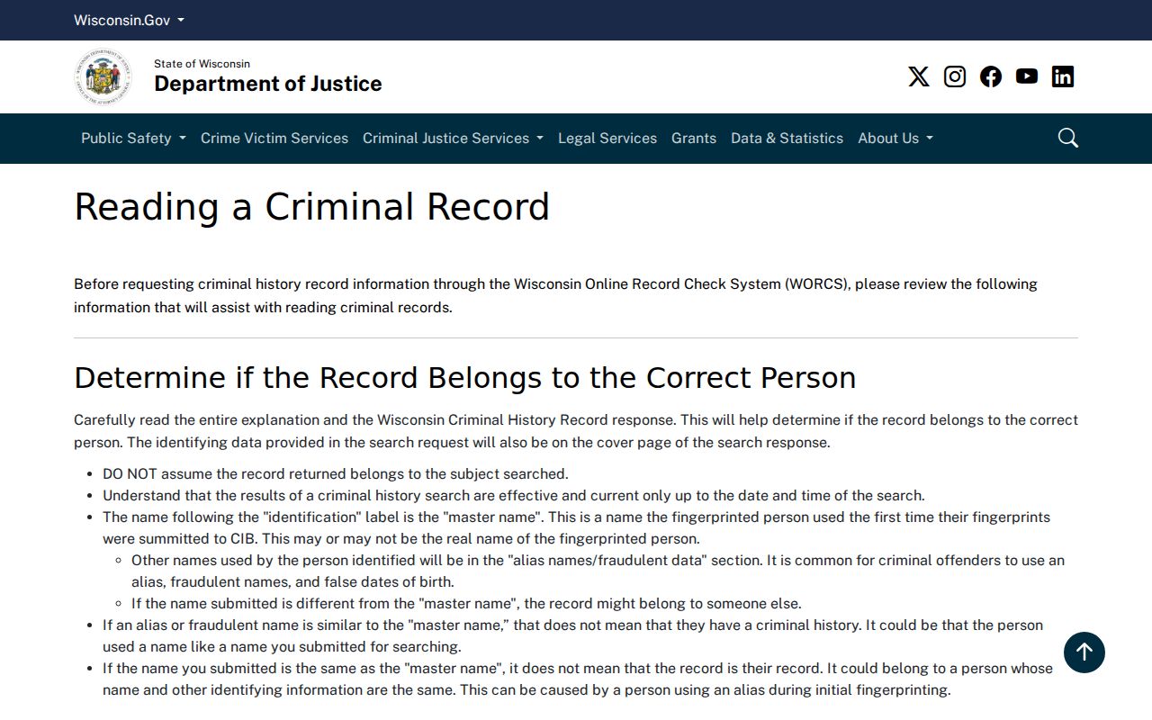 Wisconsin DOJ guide to reading a criminal record