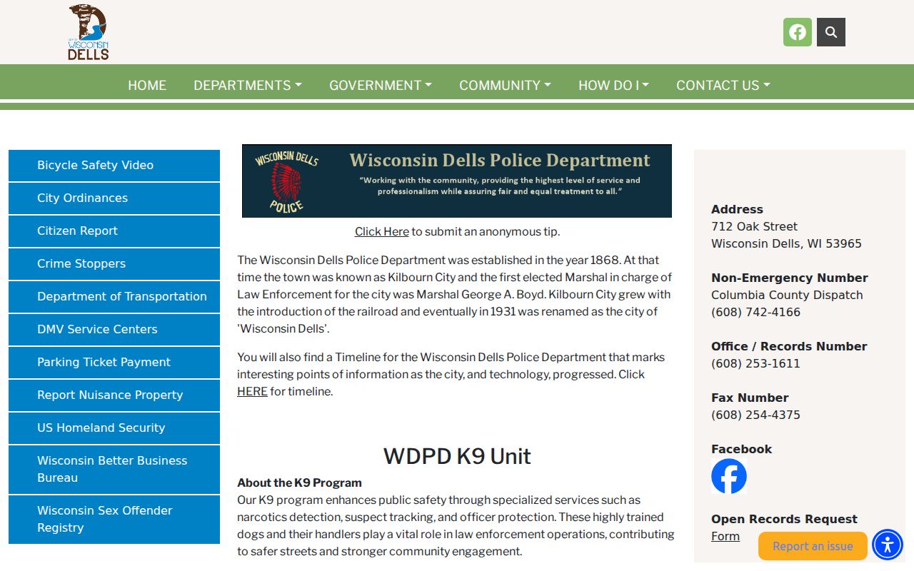 Wisconsin Dells criminal records Police Department page